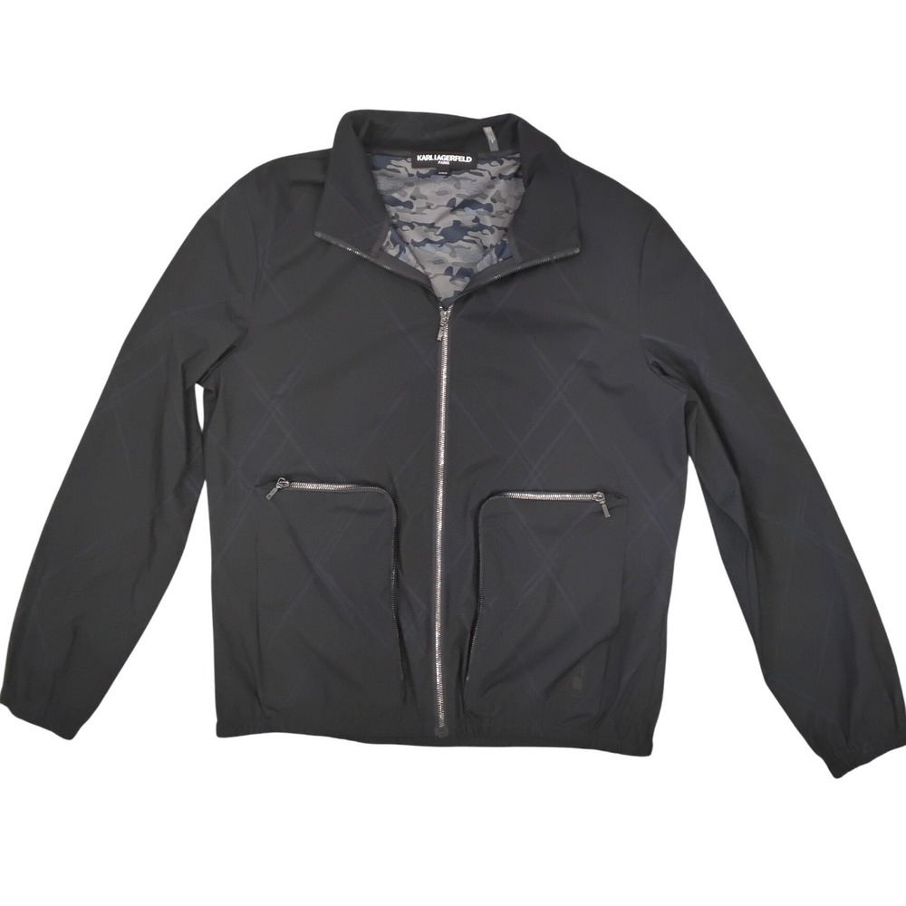 Karl Lagerfeld Paris Mens Black Geometric Windbreaker Jacket Camo Lining Size M